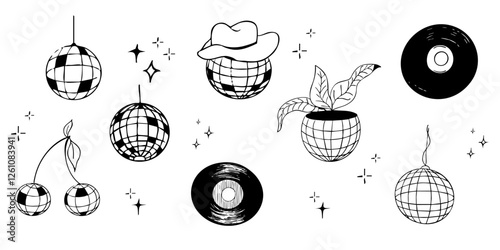 Disco ball doodle line tattoo y2k coquette trendy groovy decoration. Retro dance party line hand drawn design elements. Disco ball with stars, sketch