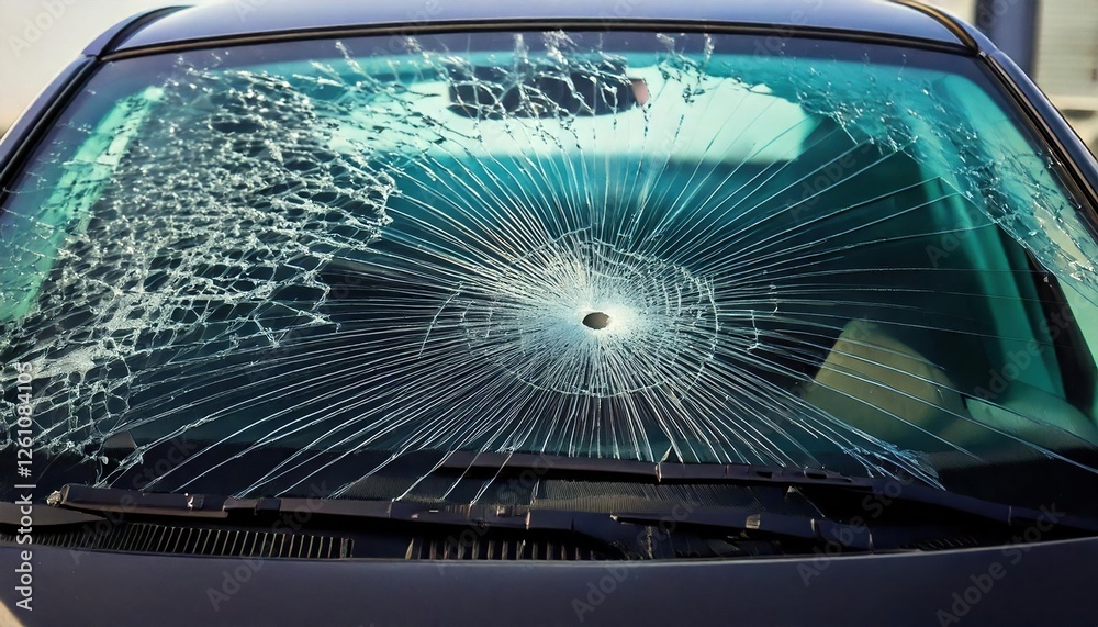 Obraz premium Windshield damage caused by flying debris in an urban area during the day