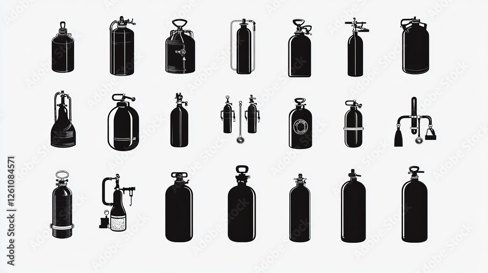 A vector icon set featuring black and white illustrations of various types of diving gas cylinders, showcasing different designs and styles. A vector icon set featuring black and white illustrations of various types of diving gas cylinders, showcasing different designs and styles.