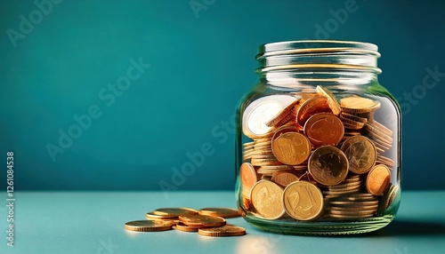Coins collected and stored in a glass jar on a blue surface under soft lighting