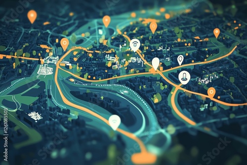 Smart city map glowing navigation route