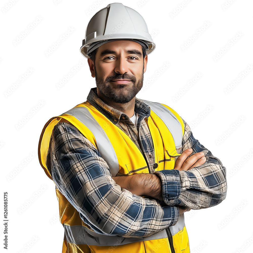 custom made wallpaper toronto digitalportrait of a construction worker with arms crossed, wearing vest and hard hat, isolated on white transparent background