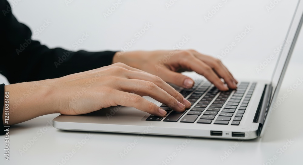 Hands typing on laptop keyboard in modern office setting Hands typing on laptop keyboard in modern office setting