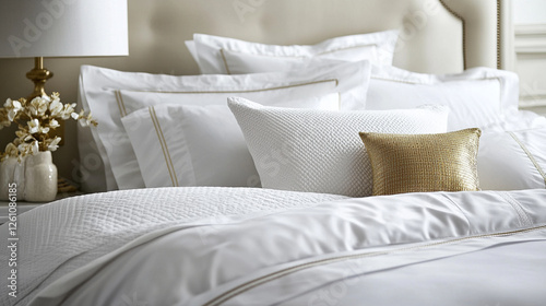 A close-up of a luxurious hotel bed with crisp white sheets, a soft textured duvet, and a neatly placed golden decorative pillow.