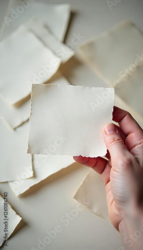 Hand Holding Blank Paper with Deckle Edge on Scattered Parchment photo