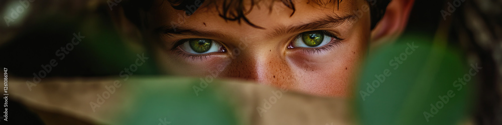 Fototapeta premium Close-up Portrait of Boy with Green Eyes Partially Obscured by Foliage