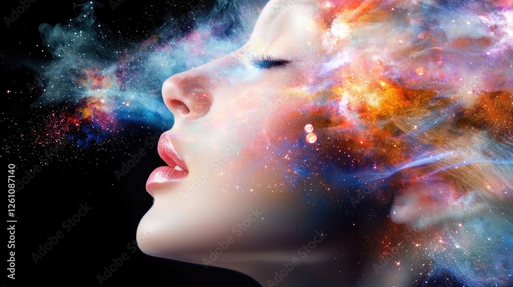Surreal cosmic portrait of a woman merging with the galaxy. Surreal cosmic portrait of a woman merging with the galaxy.