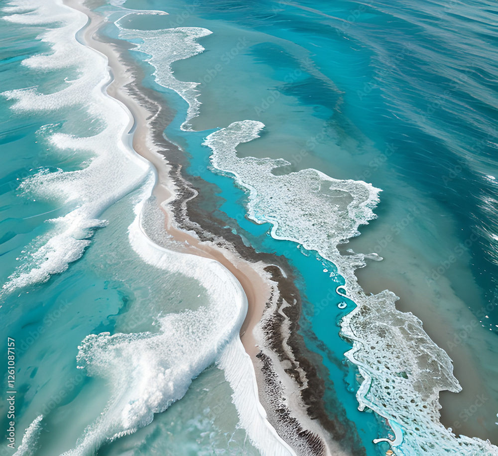 Obraz premium Summer seascape beautiful waves,blue sea water in sunny day.Top view from drone.Sea aerial view,amazing tropical nature.Beautiful bright sea waves splashing and beach sand sunset light.generative ai