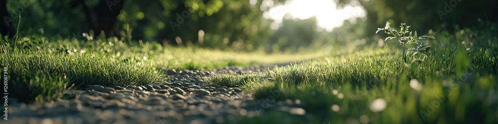 Naklejka premium Gravel Path and Grass in a Forest Setting