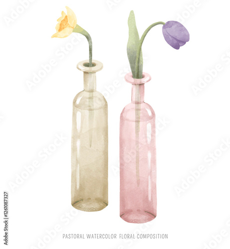 Daffodil and tulip spring watercolor composition in bottles