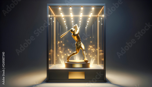 a sleek, shiny chrome baseball trophy is showcased in a glass display case, backlit to highlight its polished surface, symbolizing achievement and excellence in sports