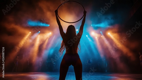 The striking silhouette of a hula hooper against a backdrop filled with colorful stage lights illuminates the dance floor, embodying the spirit of performance and celebration through movement.