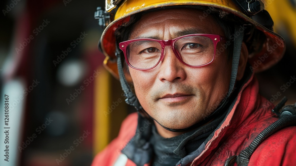 Fototapeta premium Dedicated firefighter showcases resilience and focus during emergency response in an urban setting under afternoon light