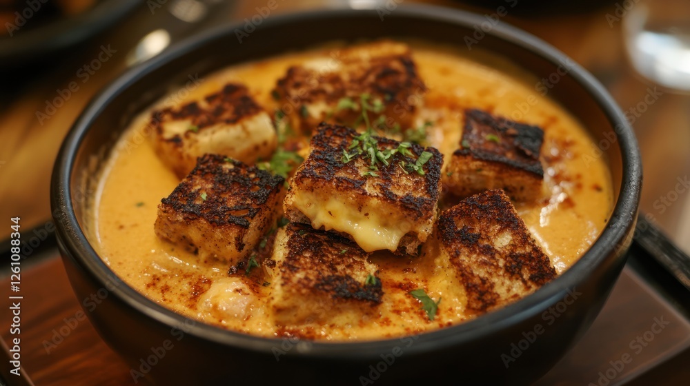 Creamy tomato soup topped with grilled cheese croutons in a black bowl Creamy tomato soup topped with grilled cheese croutons in a black bowl