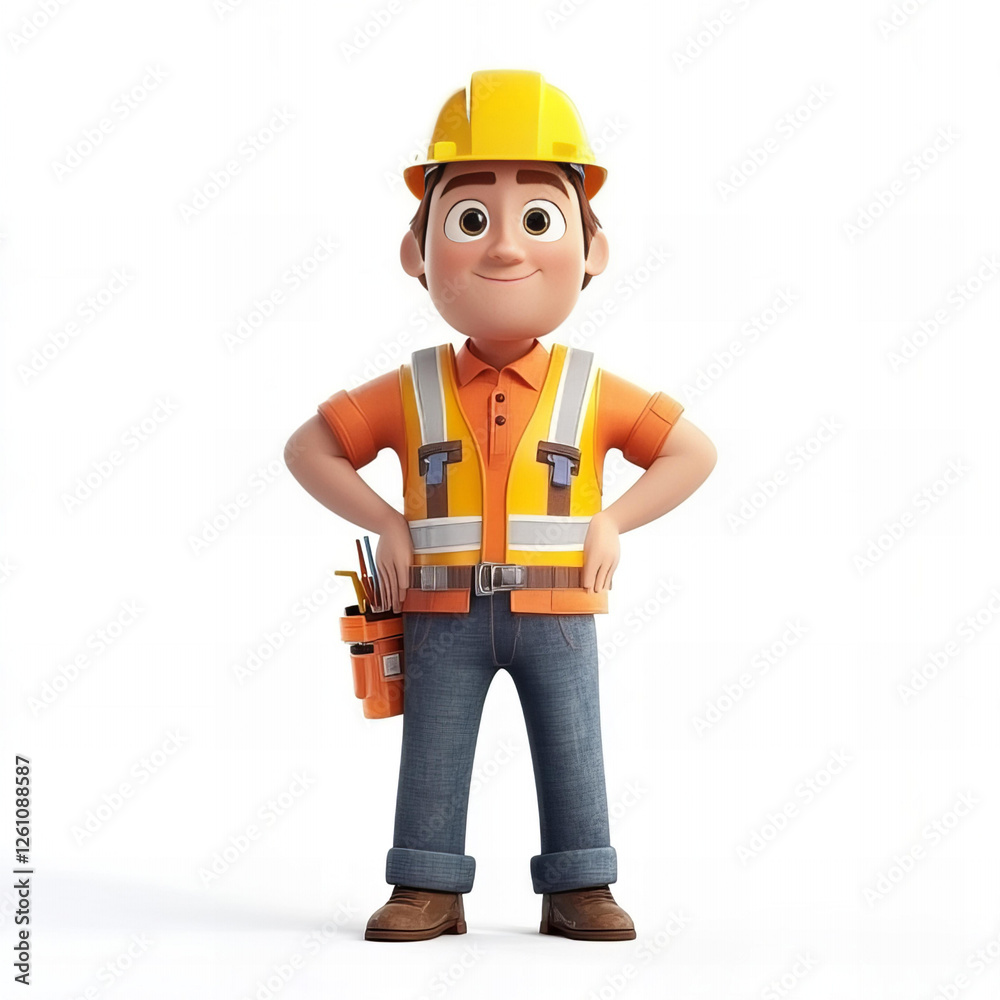 Cartoon Construction Worker with Tool Belt and Reflective Safety Vest Cartoon Construction Worker with Tool Belt and Reflective Safety Vest