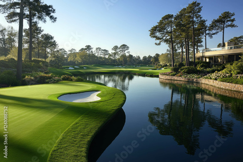 A Pristine Golf Course At Augusta, Lush Green Grass, Iconic Scenery, Peaceful Atmosphere