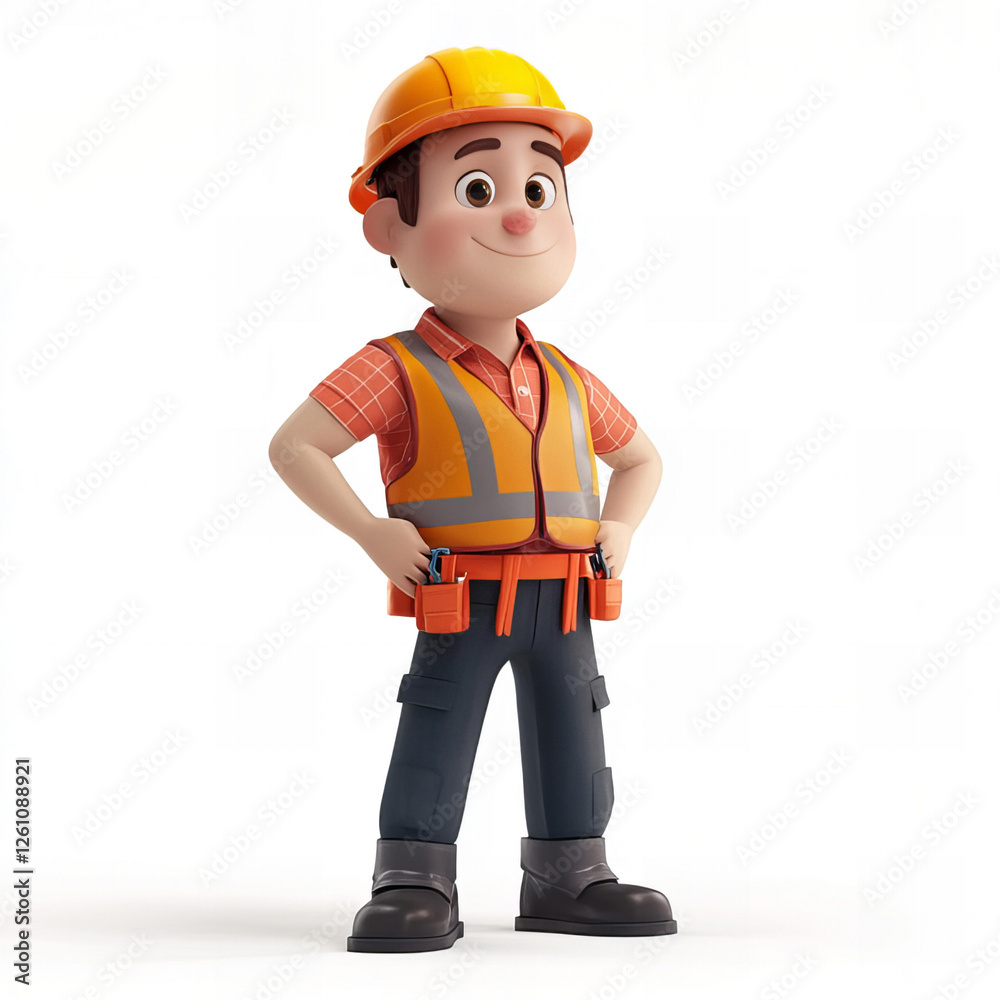 Cartoon Construction Worker with Tool Belt and Reflective Safety Vest Cartoon Construction Worker with Tool Belt and Reflective Safety Vest