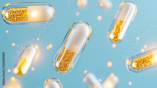 A collection of transparent beauty capsules filled with golden liquid serum, floating in mid air, illuminated by soft glowing light, symbolizing skincare photo