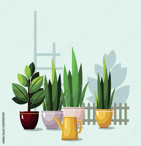 Plants in flowerpots and watering can. Home flowers on white background.