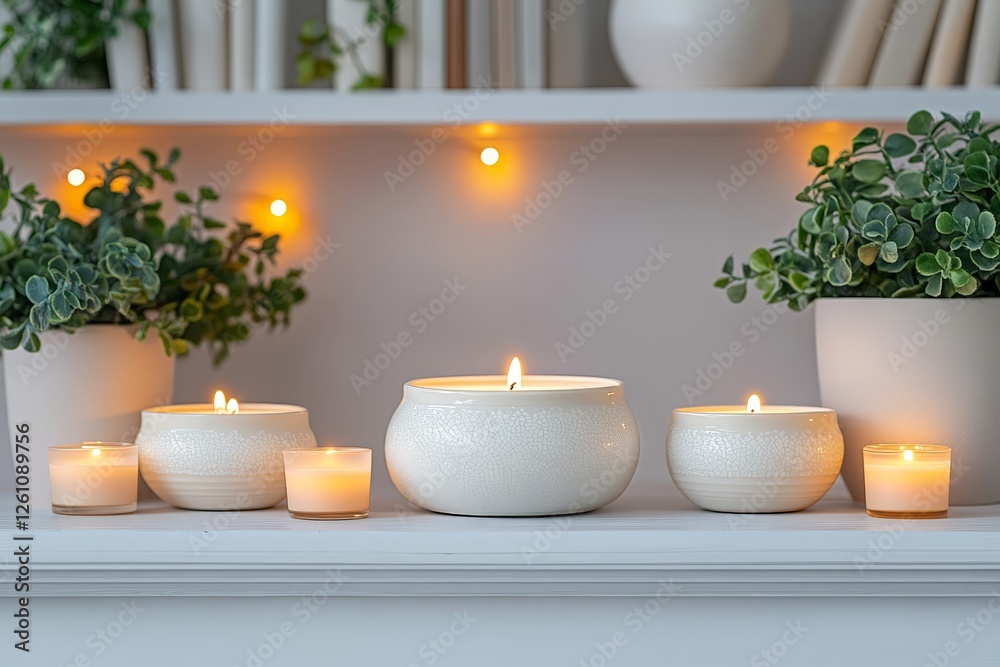 Elegant white candles flickering softly on a shelf, creating a cozy ambiance. Green plants and warm fairy lights enhance the tranquil atmosphere of relaxation and mindfulness. Elegant white candles flickering softly on a shelf, creating a cozy ambiance. Green plants and warm fairy lights enhance the tranquil atmosphere of relaxation and mindfulness.