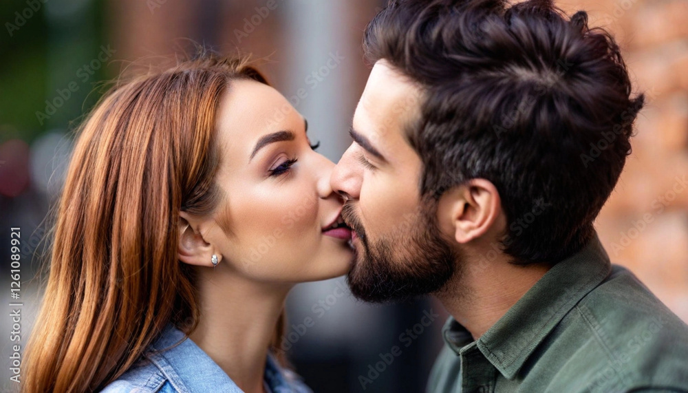 Close-up portrait of a couple whispering to each other, with one person's lips near the other's ear, creating a sense of closeness. Close-up portrait of a couple whispering to each other, with one person's lips near the other's ear, creating a sense of closeness.