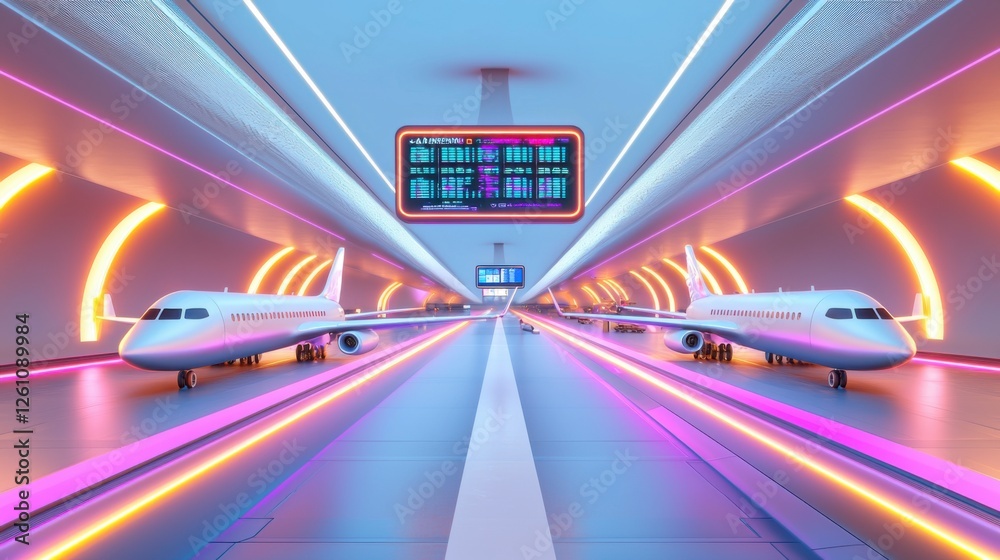 Fototapeta premium A futuristic hyper airport with glowing neon high speed planes, AI powered self check in stations, floating holographic departure boards, ultra modern