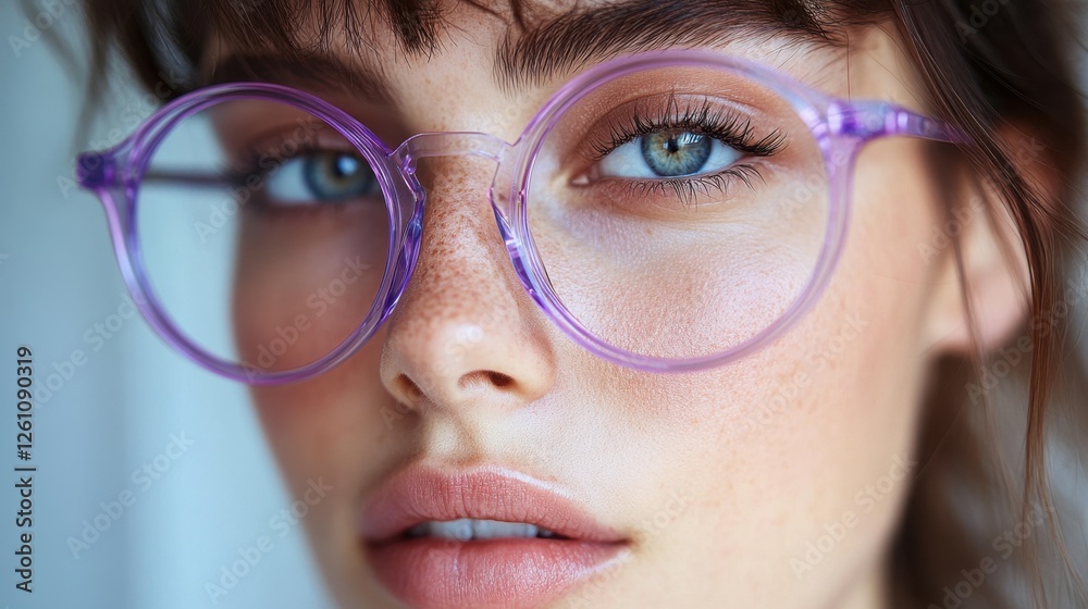 Captivating gaze of a young woman with playful purple glasses and striking blue eyes during a bright daytime moment Captivating gaze of a young woman with playful purple glasses and striking blue eyes during a bright daytime moment