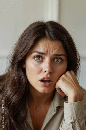 Closeup of shocking brunette woman with a dubious expression and surprise looking at camera. Family problems, fear