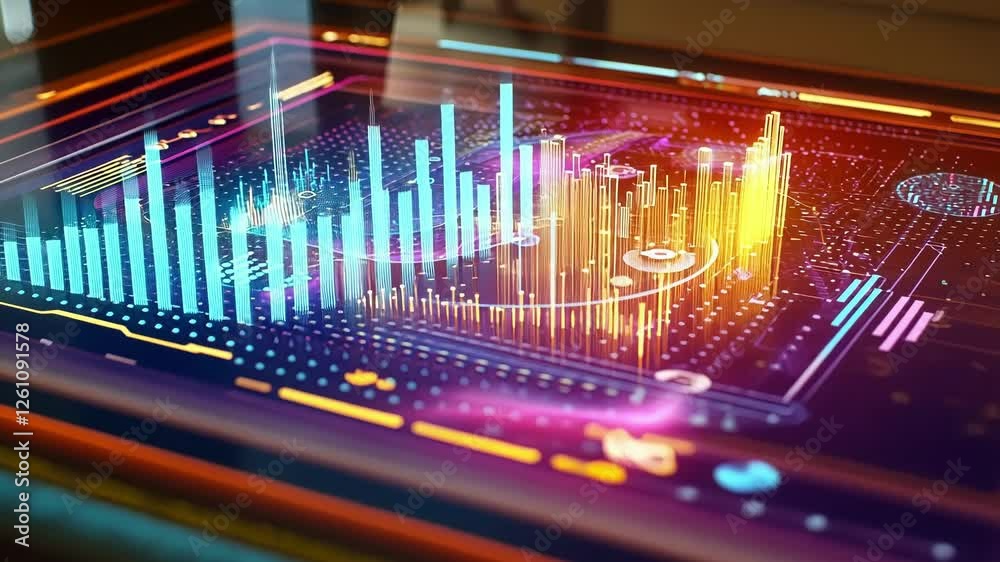 Glowing charts and graphs are displayed on a futuristic heads up display - hud - , visualizing complex data analysis and statistics in a high tech environment