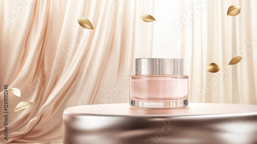 A minimalist glass jar of hydrating face cream sitting elegantly on a satin textured surface, with soft diffused lighting creating a subtle glow