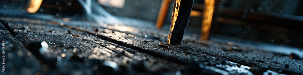 Close-up of Wet Wooden Surface with Chair Leg