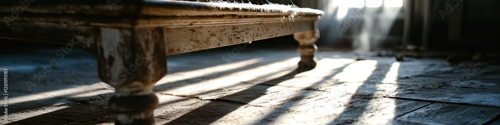 Weathered Wooden Table and Dusty Floor with Sunbeams Weathered Wooden Table and Dusty Floor with Sunbeams