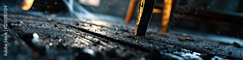 Close-up of Wet Wooden Surface with Chair Leg photo