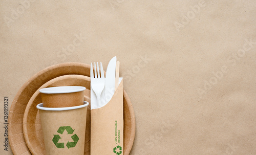 Eco-friendly paper items with recycling sign. Zero waste concept
