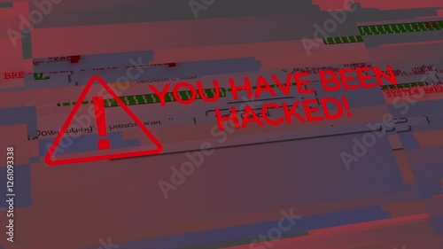 User clicks download, downloading... error: system infected, control lost. Hacking message. System compromised. Malicious file executed. System breach, software hacking and virus code concept.