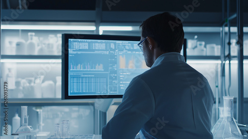 Quality control specialist in a sterile manufacturing environment, observing product testing results on a mounted screen, ultra-modern facility, 
