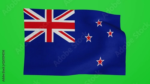 New Zealand waving flag isolated on green background or Chroma key. Seamless 3D render animation. New Zealand flying flag with realistic fabric texture. 4k Premium quality
