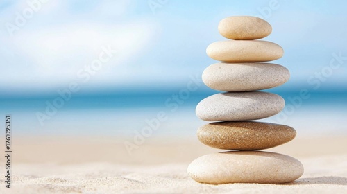 Close up of a stack of smooth pebbles balanced carefully, soft natural light, concept of harmony and balance