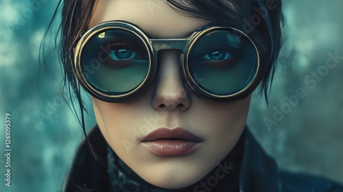 Intense gaze through antique spectacles reflecting a bygone era's ambition photo