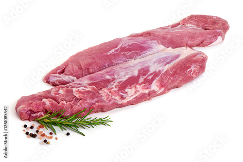 Canvas Print Pork fillet tenderloin, raw meat, close-up, isolated on white background