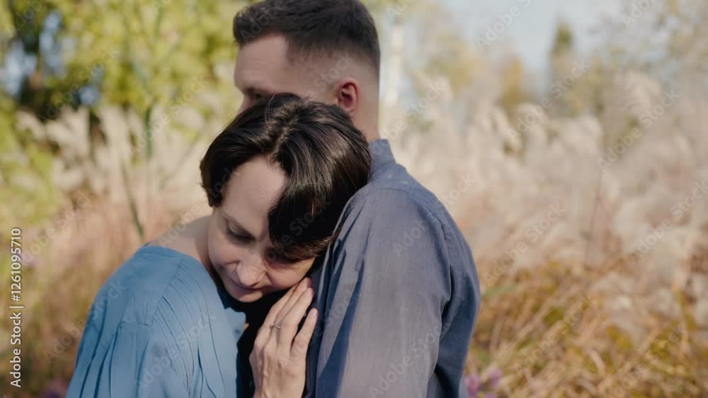 A heartfelt scene depicting a romantic couple hugging amidst tall, wispy meadow grass under a clear sky, evoking emotions of love and companionship. Intimate Moment of a Couple Embracing A heartfelt scene depicting a romantic couple hugging amidst tall, wispy meadow grass under a clear sky, evoking emotions of love and companionship. Intimate Moment of a Couple Embracing