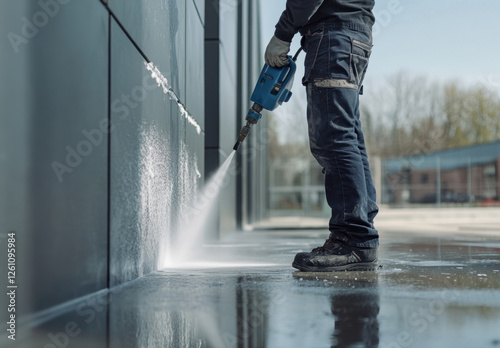 A worker with a power washer cleans the exterior walls of an office building on a sunny day, ensuring a pristine appearance
