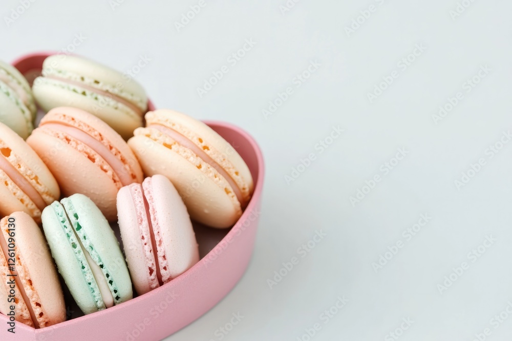 Fototapeta premium creative arrangement of assorted pastel-colored macarons placed in heart-shaped box clean background and soft shadows