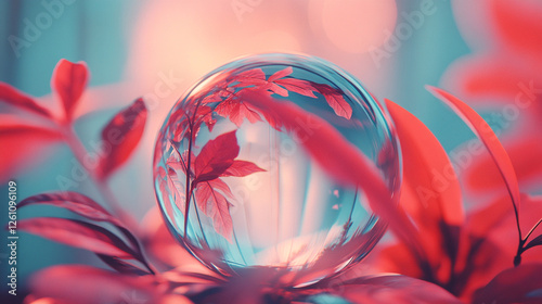 A crystal ball reflects vibrant red leaves, showcasing nature's beauty with a blend of clarity and colorful detail. #crystalball #nature photo