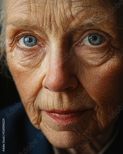 Realistic close-up portrait of an elderly woman with wisdom in her eyes, beautifully detailed, International Woman's Day photo