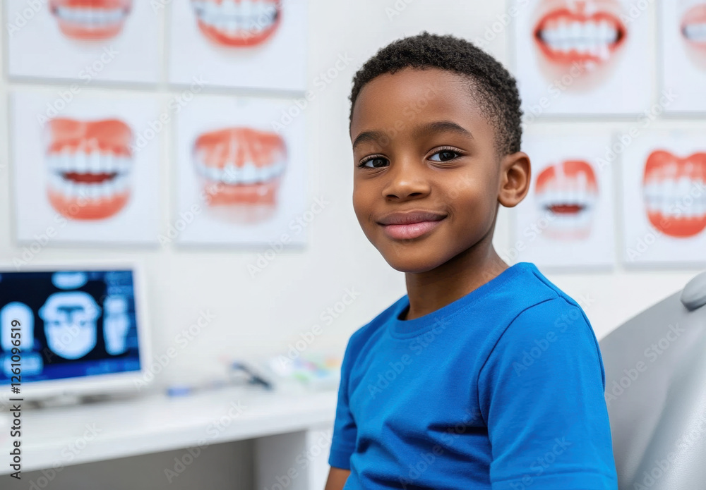 Bright dental clinic features a young boy in a blue t-shirt smiling while sitting for a dental examination and check-up Bright dental clinic features a young boy in a blue t-shirt smiling while sitting for a dental examination and check-up