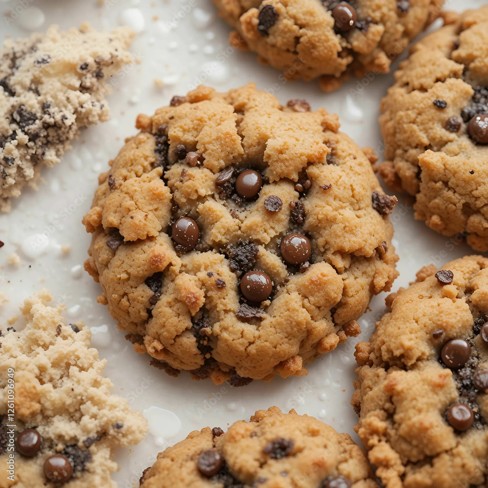 A close-up view of delicious cookies on a white background, highlighting their texture, golden-brown color.