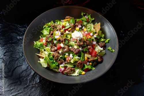 Colorful Plate of Tasty Taco Salad with Creamy Sour Cream and Crispy Tortilla Strips