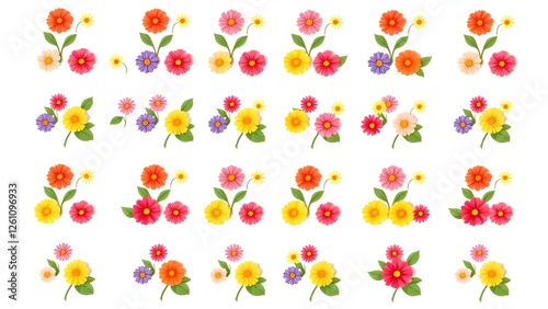 Pattern of flowers on a white background.  Сolor, pink, yellow, green
