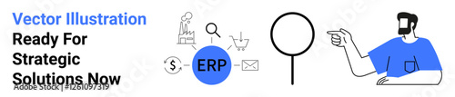 Businessman pointing to focus icons thumbs up ERP, e-commerce, email, and analytics. Ideal for business strategy, ERP systems, digital solutions, technology, marketing data analysis flat landing